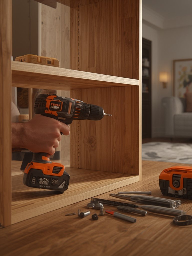 20v drill drilling holes in wood plank during home improvement