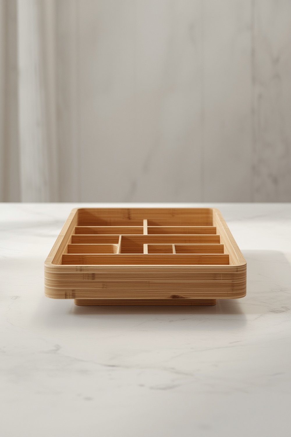 bamboo organizer in kitchen drawer with utensils neatly separated