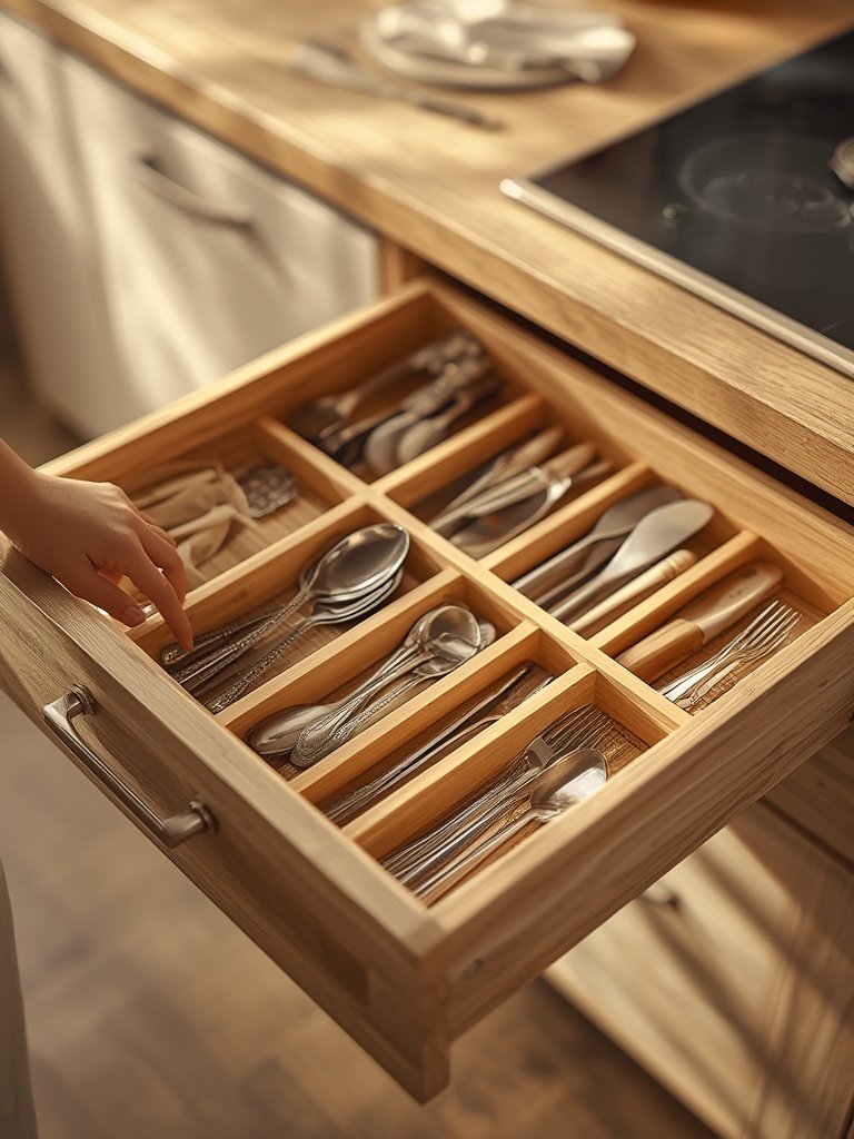 kitchen drawer organizer in active daily use with cutlery