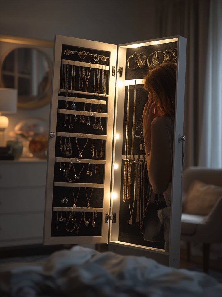 door mounted organizer with LED jewelry cabinet open and visible necklace hooks