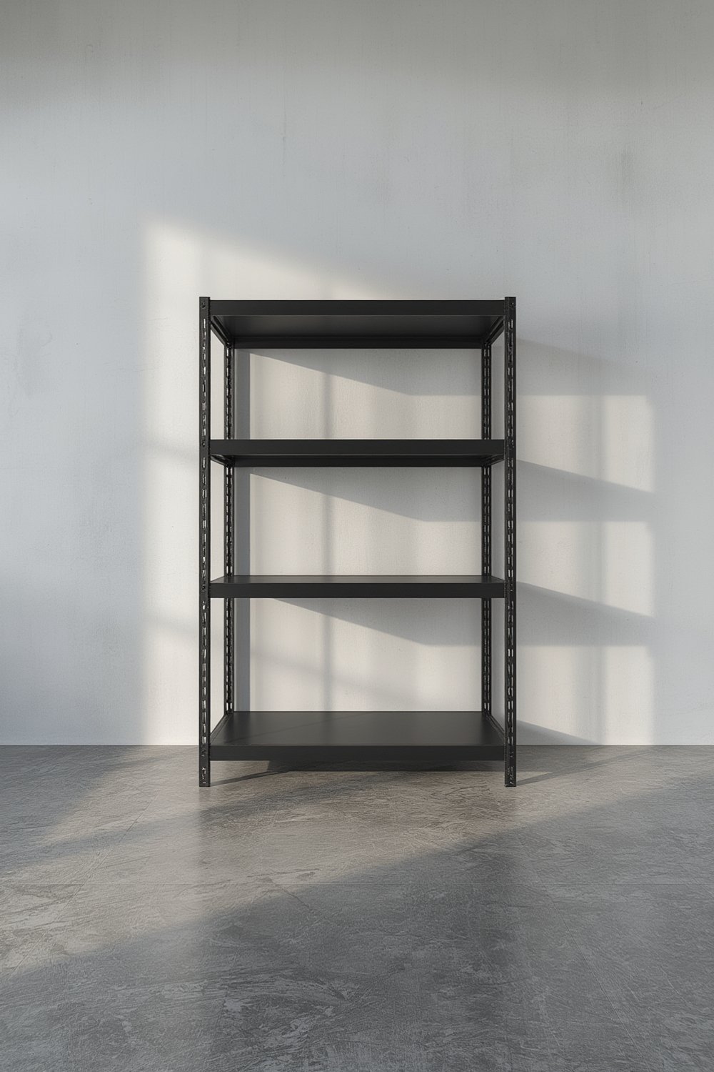 plastic shelving with cleaning supplies and storage bins