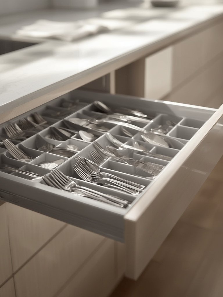 Close-up of Joseph Joseph DrawerStore Compact Utensil Organizer with silverware