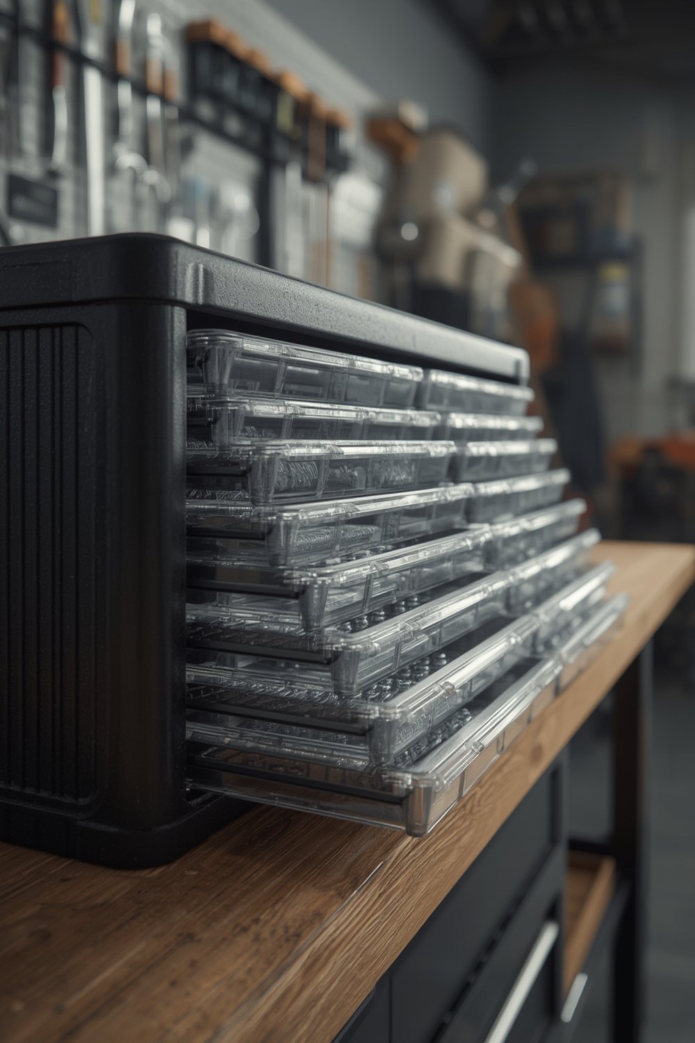 storage cabinet in organized garage with crafts and tools neatly stored inside