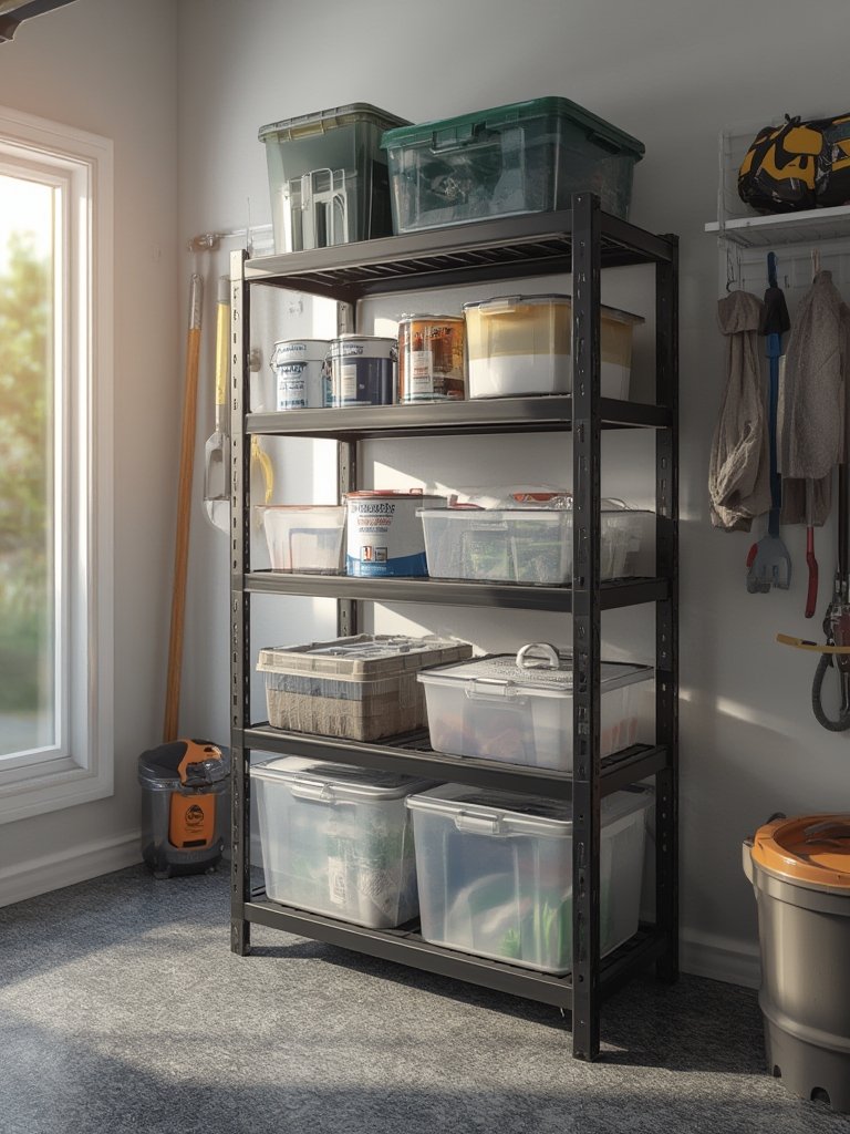 storage shelves in garage being assembled tool-free